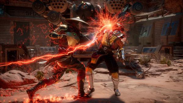 Mortal Kombat 11 screenshot: Two characters engage in a dynamic combat scene with bright energy effects in a desert-like arena.