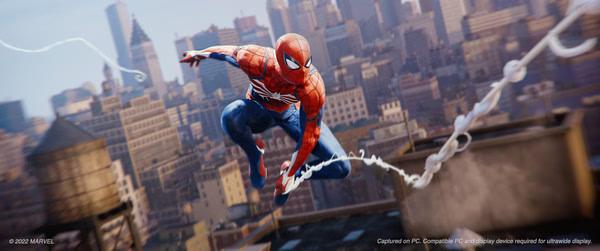 Screenshot from Marvel's Spider-Man Remastered shows Spider-Man swinging above a detailed cityscape.