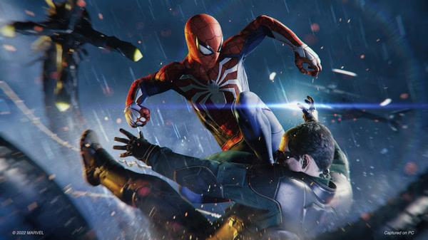 Spider-Man attacks an enemy mid-air in Marvel's Spider-Man Remastered. Dynamic action fills the screenshot with vibrant effects.