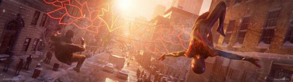 Screenshot from Marvel’s Spider-Man: Miles Morales showing Miles swinging through a snowy city with glowing red webs.