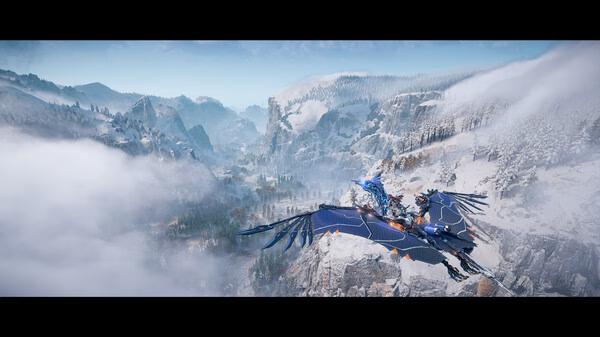 Screenshot from Horizon Forbidden West™ Complete Edition showing a snowy mountain landscape with a mechanical bird in flight.