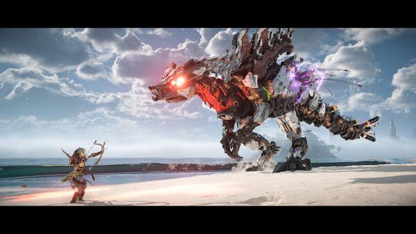 Screenshot from Horizon Forbidden West™ Complete Edition showing a character aiming a bow at a large mechanical creature on a beach.