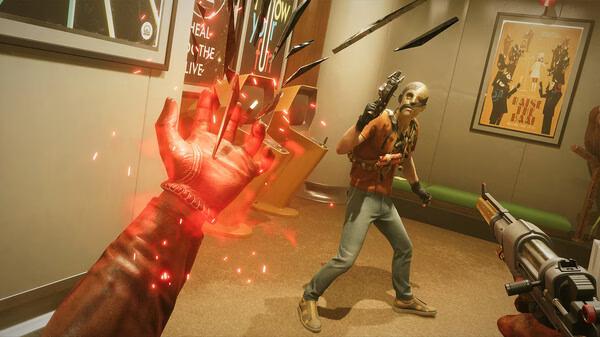 Deathloop screenshot: A character wields a gun and mask while another uses glowing red powers in a modern room with posters.