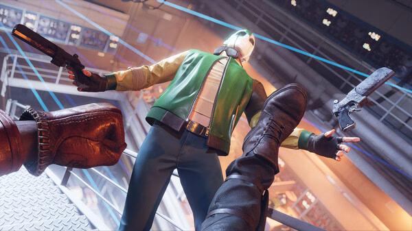 Deathloop screenshot: A masked character in green jacket wields two weapons, viewed from a first-person perspective in combat.