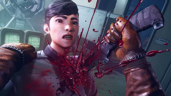 Deathloop screenshot: A character is stabbed in the neck, with blood splattering, set in a futuristic room with glowing monitors.