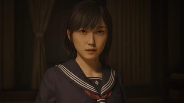 Screenshot from SILENT HILL f featuring a person in a dark room, wearing a school uniform with a sailor-style collar.