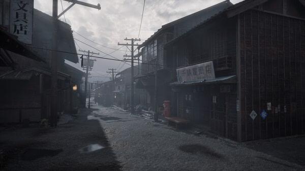 SILENT HILL f screenshot: A deserted, misty street with old wooden buildings and power lines under a cloudy sky.