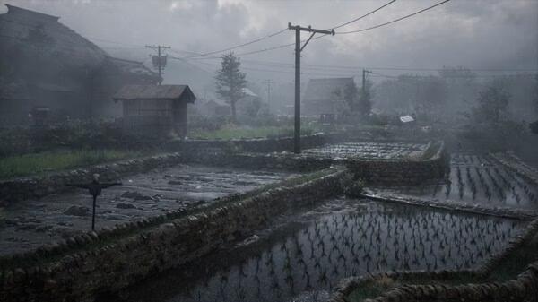 SILENT HILL f screenshot: A foggy village with rice paddies, stone paths, and wooden structures under a cloudy sky.