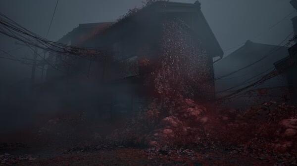 Screenshot from SILENT HILL f showing an eerie building covered in red vines, shrouded in mist and darkness.
