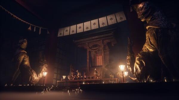 Screenshot from SILENT HILL f showing a dimly lit shrine with eerie statues and glowing lanterns in a mysterious atmosphere.