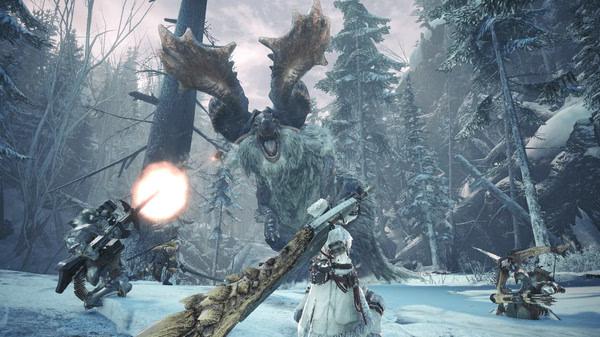 Screenshot from Monster Hunter World: Iceborne Master Edition showing hunters battling a roaring monster in a snowy forest.