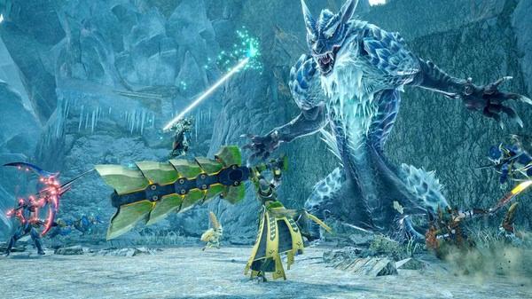 Screenshot from Monster Hunter Rise: Sunbreak showing hunters battling a large ice-covered dragon in a snowy landscape.