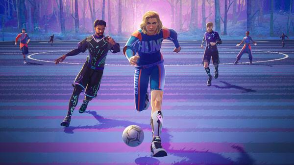 Screenshot from REMATCH showing players in dynamic action on a vibrant field, as one leads with the soccer ball.