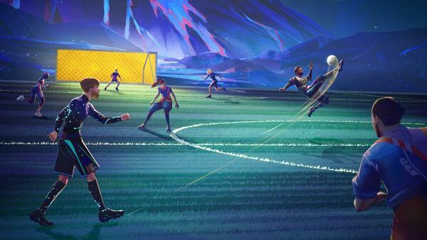 REMATCH screenshot: Players on a neon-lit soccer field compete as one executes a dynamic kick toward the glowing goal.