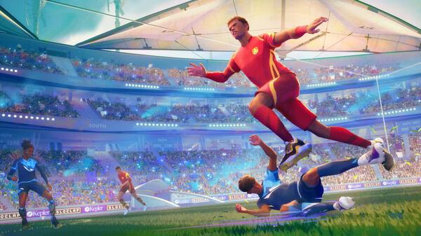 A REMATCH screenshot showing soccer players in action, with one leaping over another amid a vibrant stadium crowd.