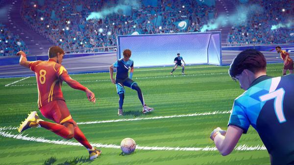 Screenshot from REMATCH showing players in red and blue jerseys competing on a vibrant soccer field near the goal.