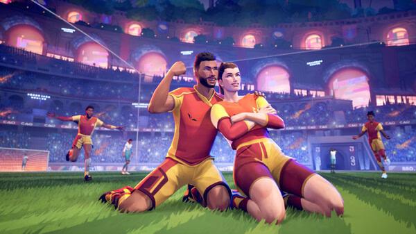 A REMATCH game screenshot showing two soccer players celebrating a goal on a vibrant stadium field.