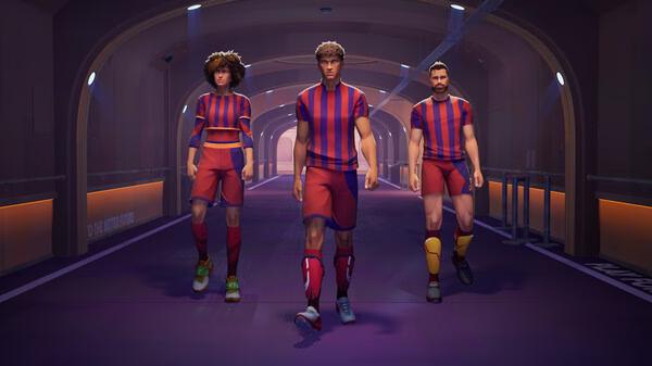 Screenshot from REMATCH showing three soccer players in red and blue kits walking through a dimly lit tunnel.