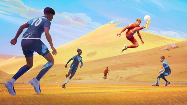 Screenshot of REMATCH showing players in a soccer match on a vibrant field with mountains in the background.