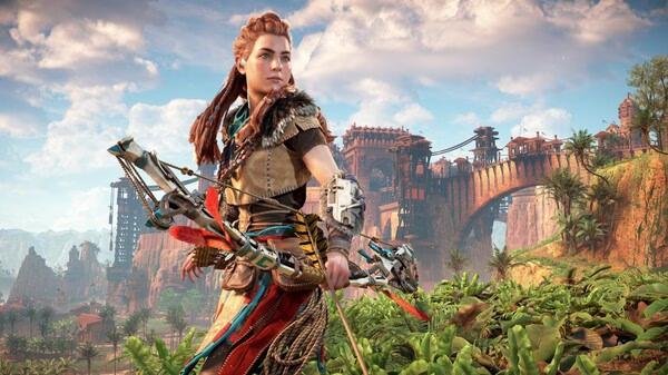 Screenshot from Horizon Zero Dawn™ Remastered showing a character with a bow in front of a lush landscape and a large bridge.