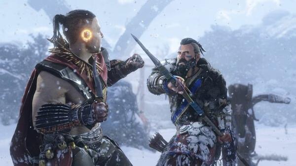 Screenshot from Horizon Zero Dawn™ Remastered showing two characters in combat in a snowy landscape, one wielding a spear.