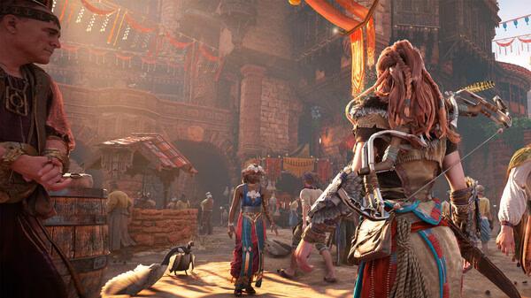 Screenshot from Horizon Zero Dawn™ Remastered showing the protagonist in a vibrant market scene with stone buildings and colorful banners.