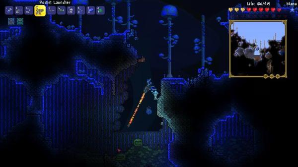 Screenshot from Terraria showing a character with a rocket launcher navigating a dark, underground cavern filled with glowing mushrooms.