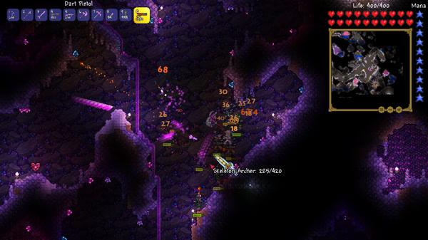 Terraria screenshot: A player battles skeleton archers in a glowing purple cavern while exploring the underground map.