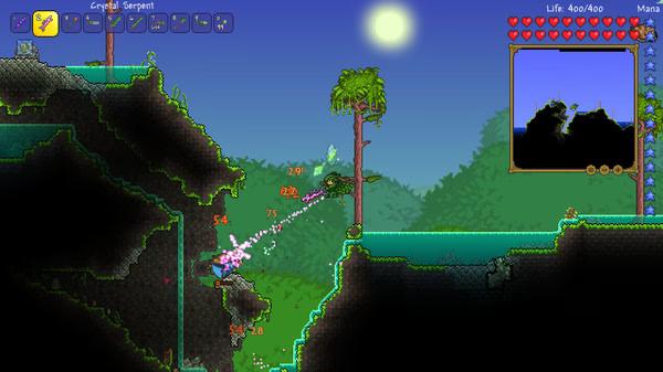 Screenshot of Terraria gameplay showing a player character battling enemies in a lush, forested landscape with a bright sky.