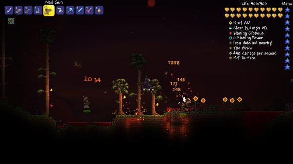 Terraria screenshot: A player battles monsters at night in a forest, using a Nail Gun. HUD showing health and stats is visible.