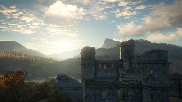 Screenshot from The Hunter Call of the Wild showing a scenic view of a ruined stone castle against a mountainous landscape.