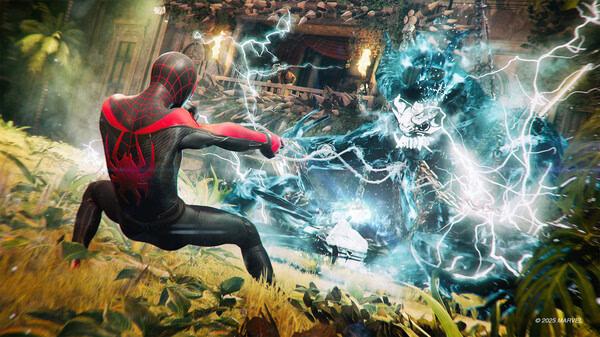Screenshot from Marvel's Spider-Man 2 showing Miles Morales battling an electrified enemy in a vibrant, action-packed jungle setting.