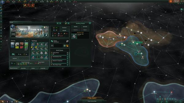 Stellaris screenshot showing a galaxy map with star systems and a planet management interface on the left side.