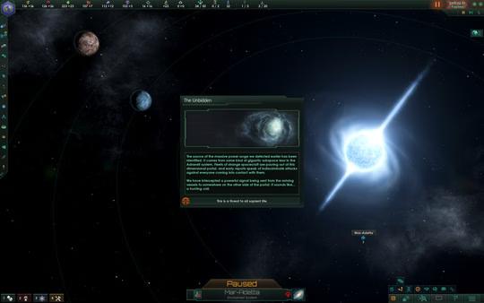 Stellaris screenshot showing a star system with planets, a bright pulsar, and an event window titled "The Unbidden."