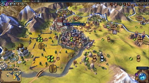 Screenshot of Sid Meier's Civilization VI showing a city named San Francisco surrounded by farms and mountains.