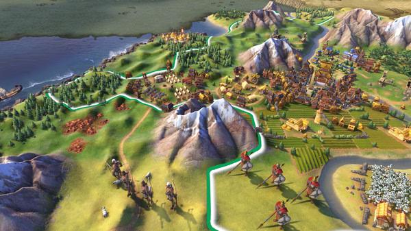 Screenshot from Sid Meier's Civilization VI showing cavalry units near mountains, with a city and coastline in the background.