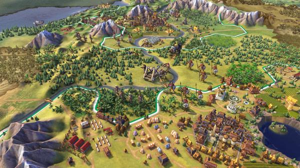 A Sid Meier's Civilization VI screenshot showing a detailed city surrounded by forests, mountains, and a river with strategic units visible.