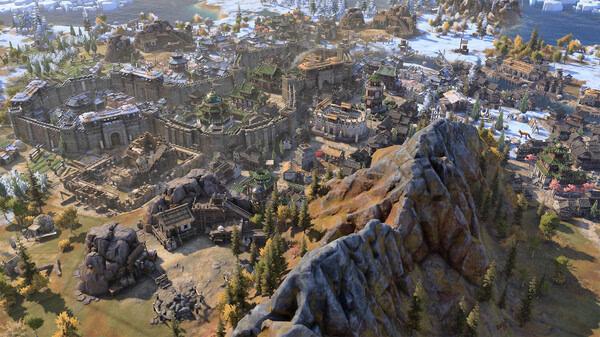 A screenshot from Sid Meier's Civilization VII showing a sprawling city with fortified walls, snowy terrain, and rugged mountains.