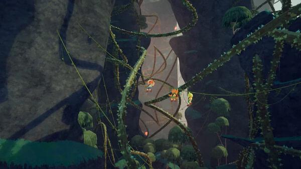 Screenshot from the game PEAK showing a character swinging on vines in a lush, mountainous jungle environment.