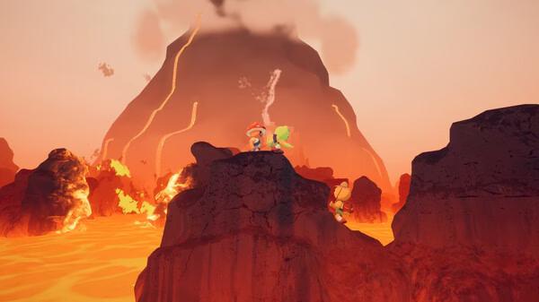 A screenshot from the game PEAK showing characters exploring a volcanic landscape with molten lava and erupting flames.