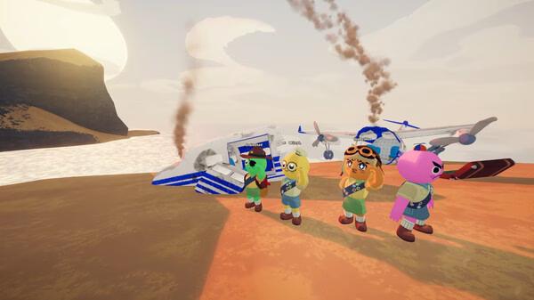 Four animated characters stand on a beach beside a smoking plane in PEAK game screenshot.