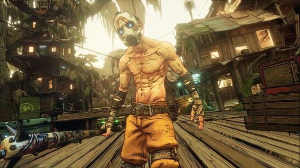 Borderlands 3 screenshot: A shirtless bandit with a gas mask wields a weapon, standing on a wooden platform in a jungle village.