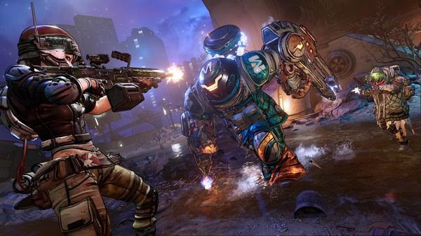Borderlands 3 screenshot: A player character aims a rifle at a large, armored enemy robot in a futuristic, neon-lit battlefield.