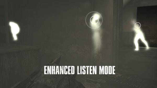 Screenshot from The Last of Us Part I showing Enhanced Listen Mode, highlighting three figures through walls in a dimly lit room.