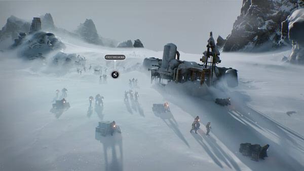Frostpunk 2 screenshot: Snow-covered landscape with machinery and people gathering resources amidst icy terrain.