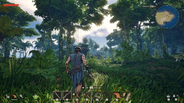 Windrose screenshot: A character explores a lush, green jungle with tools equipped, heading toward ruins under a partly cloudy sky.