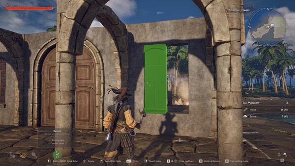 A Windrose screenshot showing a character building a tall green window frame in a coastal jungle setting.