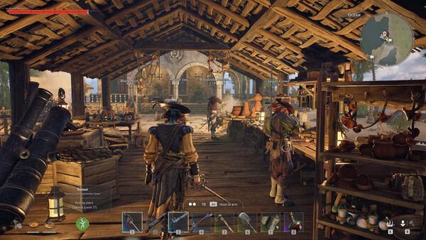 Screenshot from the game Windrose showing a character in a detailed wooden market full of various items and NPCs.
