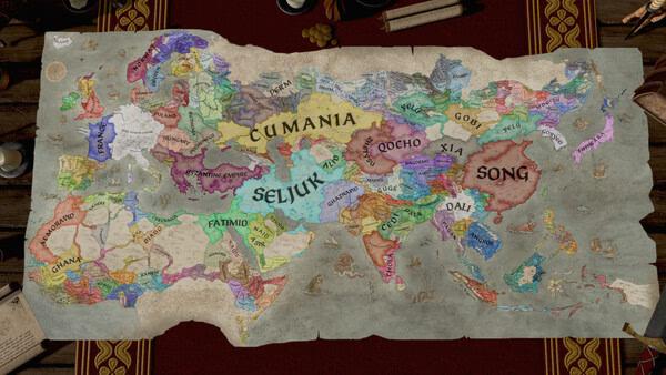 Crusader Kings III screenshot: A detailed map displaying various kingdoms and territories, including Cumania, Seljuk, and Song.