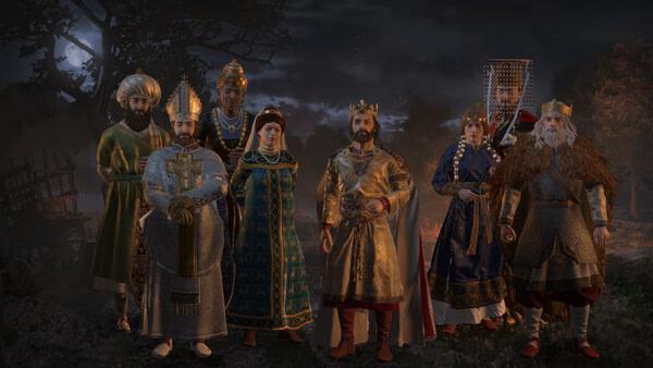A Crusader Kings III screenshot showing a group of medieval characters in detailed attire, standing outdoors under a moonlit sky.